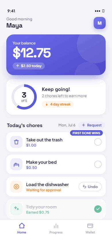 ChoreMojo kid home screen showing chore list, balance and progress ring