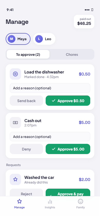 Parent screen approving chores and payouts